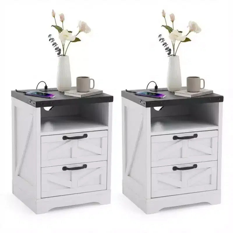 Farmhouse Nightstand with Charging Station, 2 Drawer Rustic End Table with USB Ports and Outlets, Industrial Bedside Table