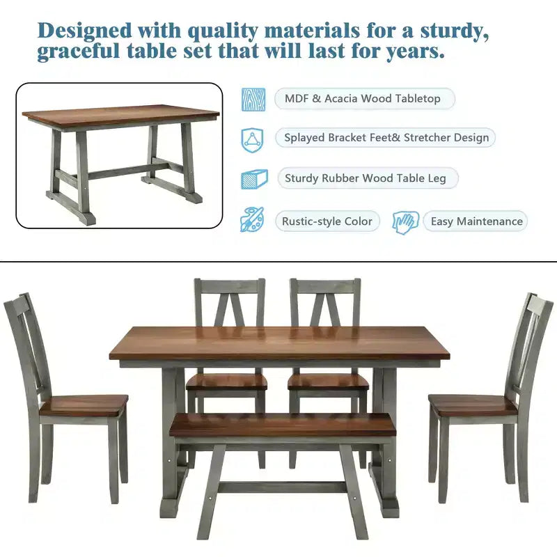 Wood Farmhouse Dining Table Set for 6, Kitchen Rectangle Table with Long Bench and 4 Dining Chairs, Gray