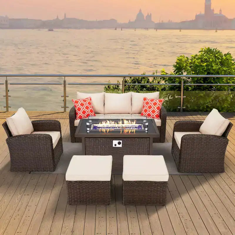 EROMMY Wicker/Rattan 7 - Person Seating Group with Fire Pit Table