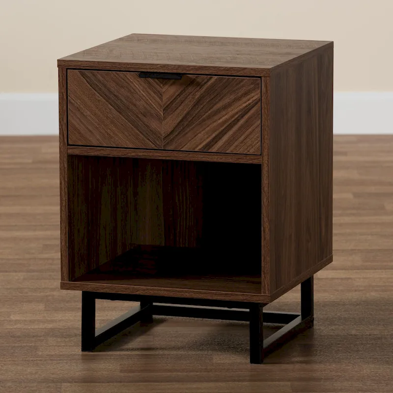 Sadia Modern Walnut Brown Finished Wood and Black Metal 1-Drawer End Table