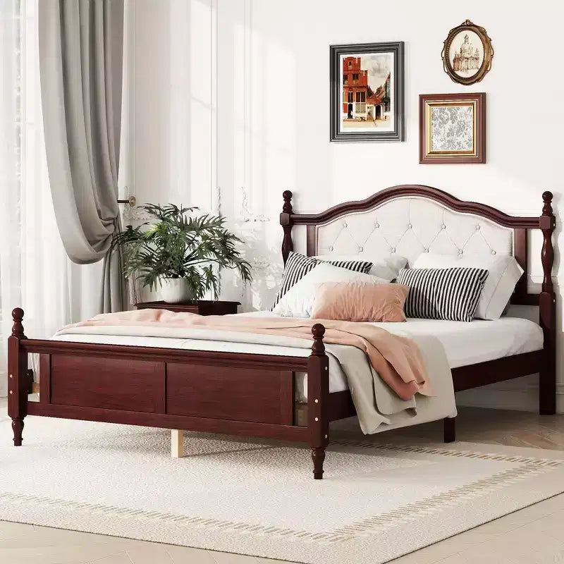 Queen Size Platform with Upholstered Headboard and Footboard, Wooden Platform Bed Frame with Central Support Feet