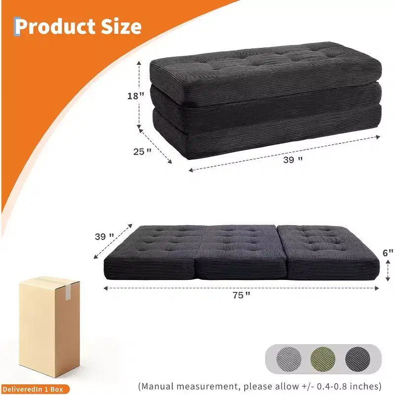 Tri-Fold Mattress, Memory Foam Foldable Mattress, Foldable Floor Sofa Bed with High-Density Support Foam, Single Folding Mattress for Living Room