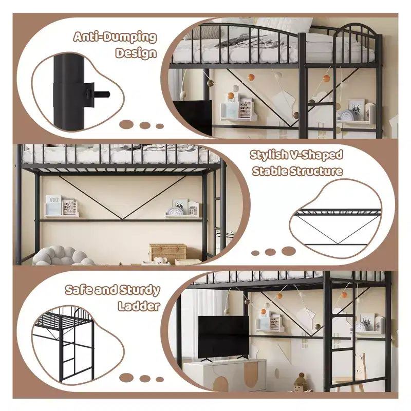 Twin-Size Loft Bed with Heavy-Duty Metal Loft Frame, Arched Guardrails and Safety Ladder, Space-Saving Design, No Mattress Base Required, Noiseless