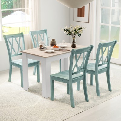 Costway 5 PCS Dining Set Modern Rectangle Table & 4 Rubber Wood Chairs Kitchen Breakfast