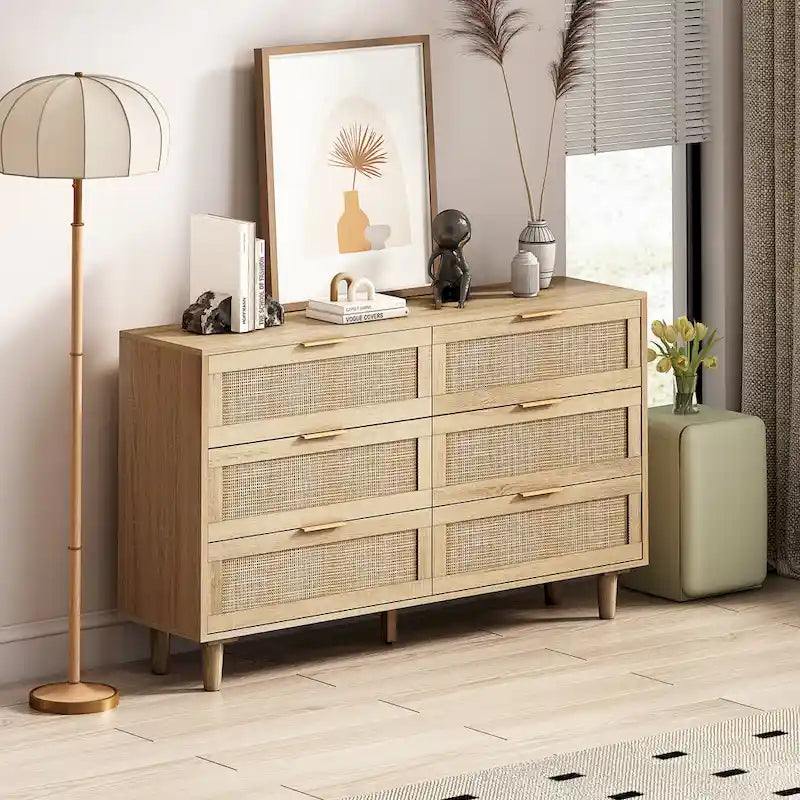 6-Drawer Rattan Dresser Storage Cabinet for Bedroom Living Room
