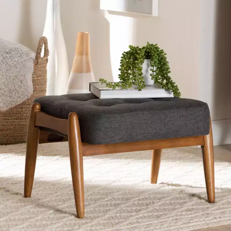 Jeanine Fabric and Wood Ottoman Footstool Dark Gray/Walnut Brown - Baxton Studio: Japandi Inspired, Rubberwood Frame, Button-Tufted