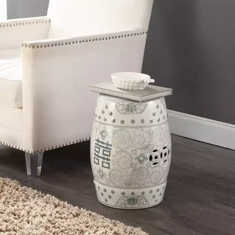 JONATHAN Y Double Happiness 18 Chinoiserie Ceramic Drum Garden Stool/Accent Table
