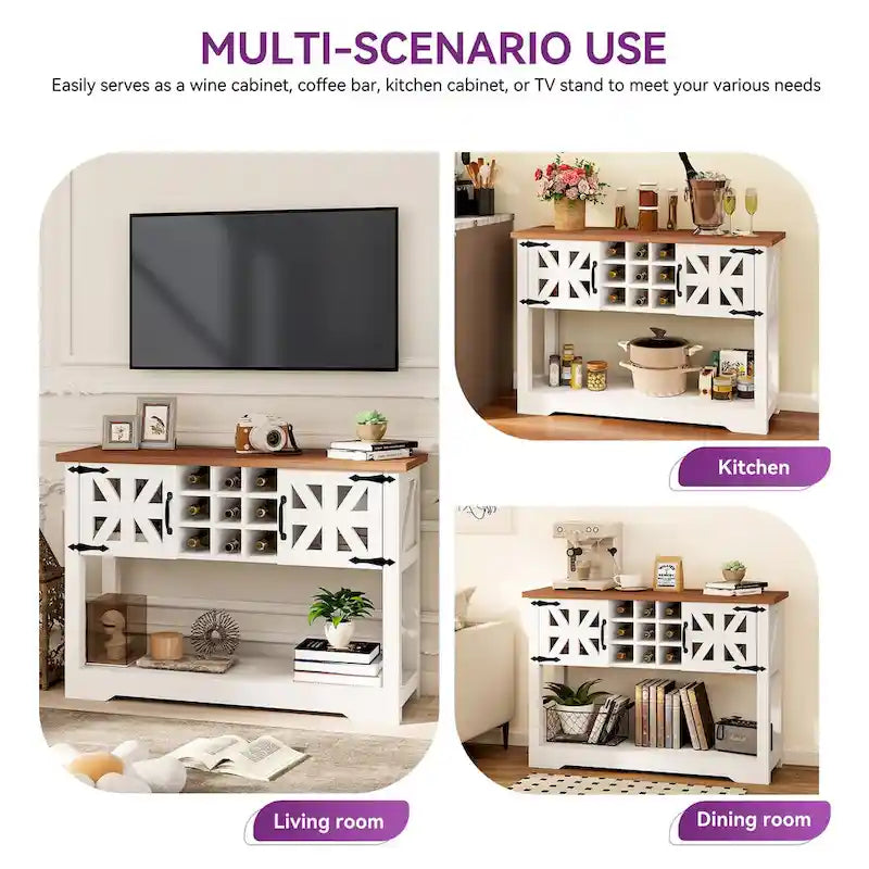 Farmhouse White Wood Buffet Storage Cabinet with Wine Rack and Open Shelving