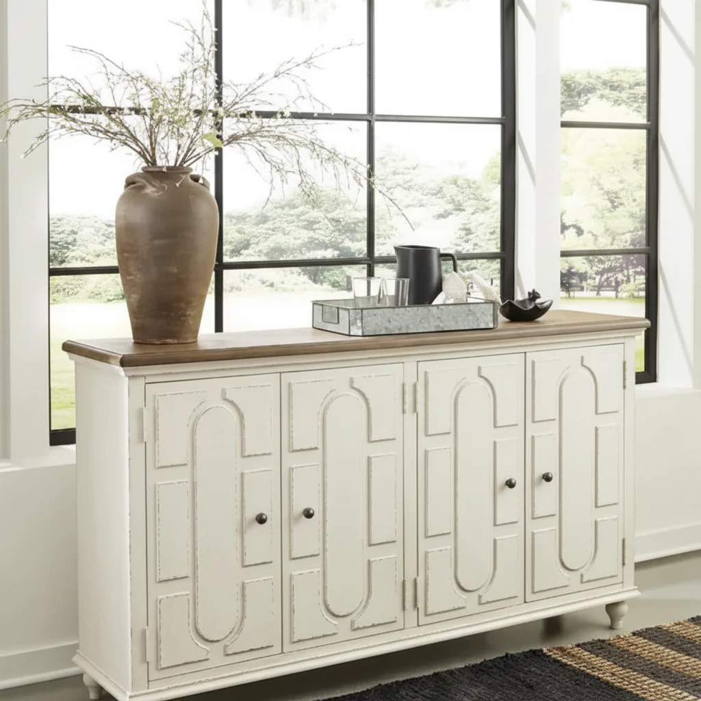 4-Door Raised Panel Accent Cabinet with 2 Adjustable Shelves – Antique White & Brown, Cottage Style