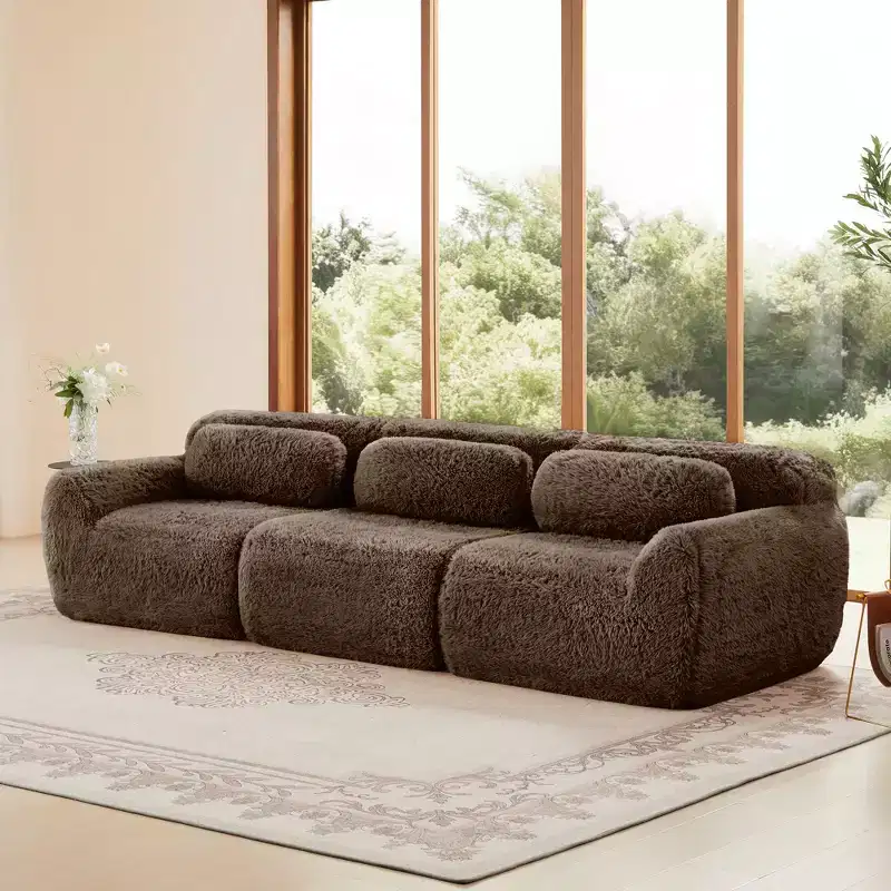 114 inch Brown Plush Fabric Sectional Sofa Couches with Throw Pillows ( Buckle Connection)