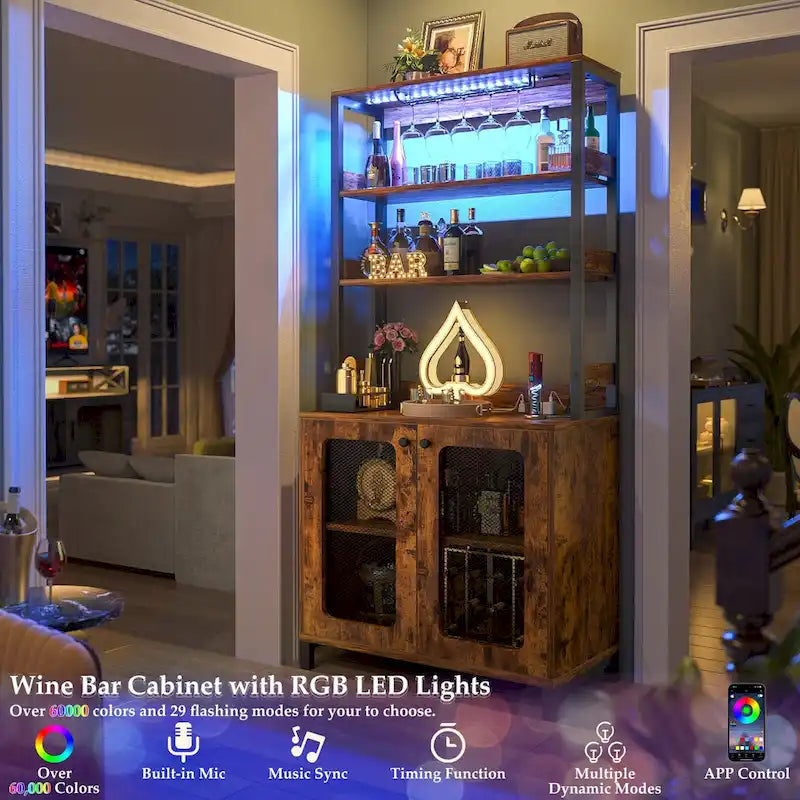 67-Inch Tall Wine Bar Cabinet with LED Lights, Glass Holder and Power Outlets