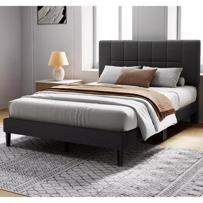 Pipishell full-size bed frame with 12 thickened legs and fabric cushioned headboard, capable of withstanding 1300 pounds and easy to assemble