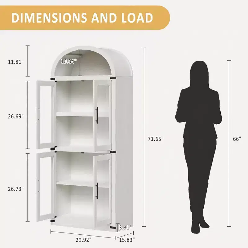 72 Arched Farmhouse Bookshelf - 5 Shelves Tall Wooden Display Cabinet, Glass/Wood Door Storage Cabinet