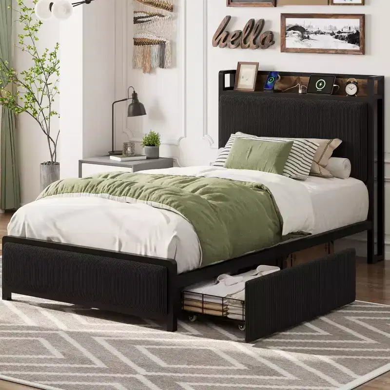 Bed Frame with 2 Storage Drawers and Charging Station, Rustic Linen Upholstered Platform Bedframe with Storage Headboard,