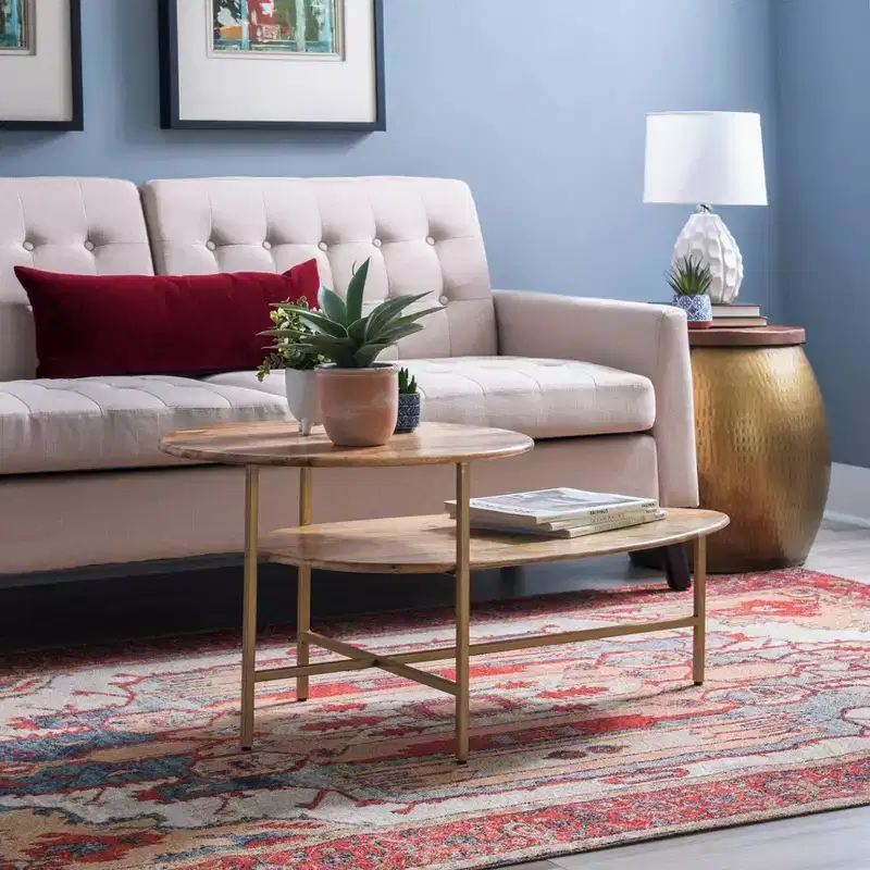 Linon Charmane Modern 2 Tier Coffee Table with 2 Solid Wood Tabletops Metal Legs in Gold Finish
