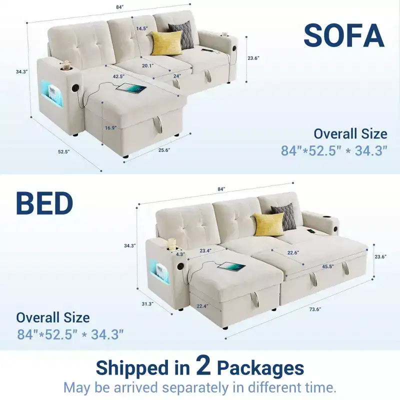 COZONY 84 Sleeper Sofa with Storage, Convertible Sectional Couch Bed with Reversible Chaise, Pull Out Sofa Bed for Living Room Apartment