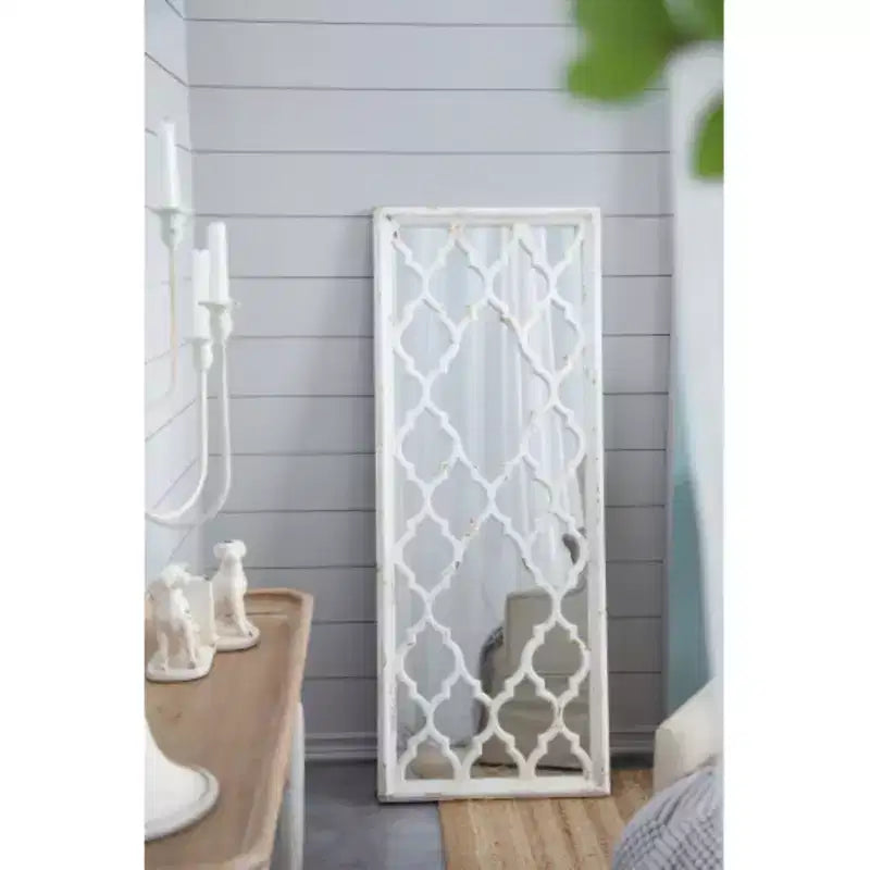 28x59 Glister Rectangular Mirror with Distressed White Frame with Decorative Window Look, Vertical or Horizontal
