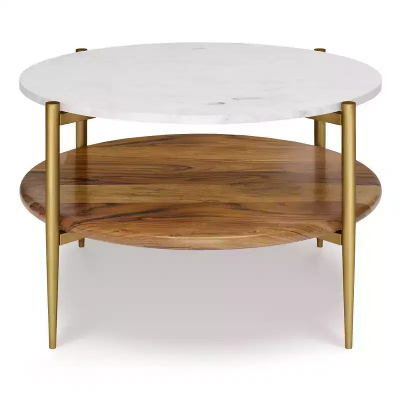 Fleetwood Coffee Table White - WyndenHall: Mid-Century Modern, Acacia Shelf, Antique Brass Frame
