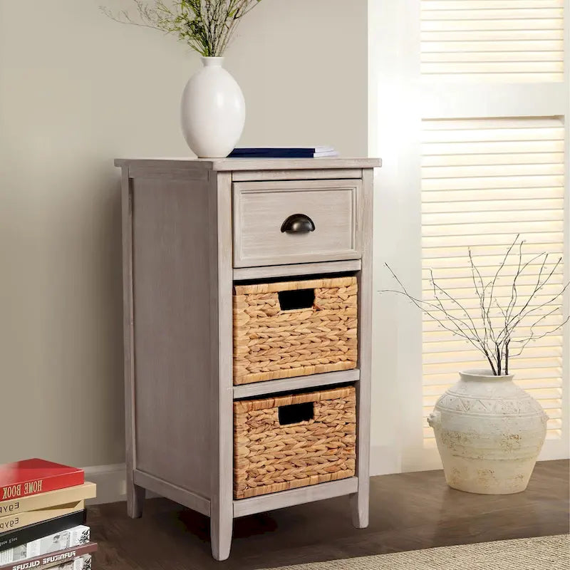 Solid Wood & Water Hyacinth 1-Drawer Grey Accent Cabinet