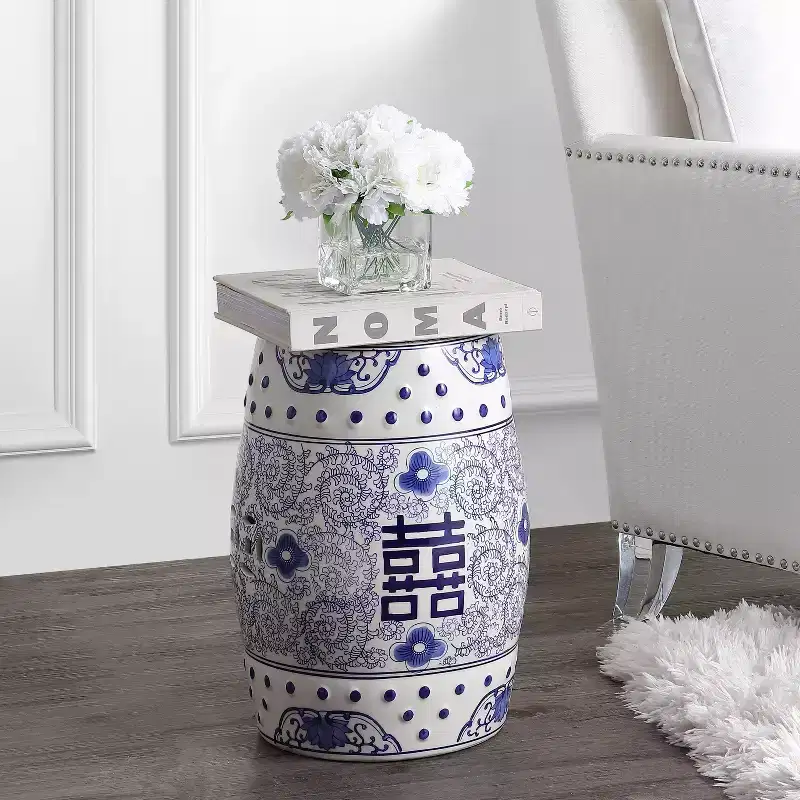 JONATHAN Y Double Happiness 18 Chinoiserie Ceramic Drum Garden Stool/Accent Table