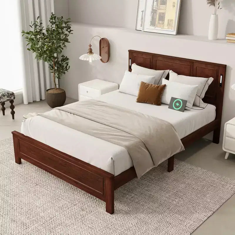 Whisen Queen Bed & Bed Frame with Tall-Panel Headboard & Footboard, Built-in LED Lights, USB Charging Station