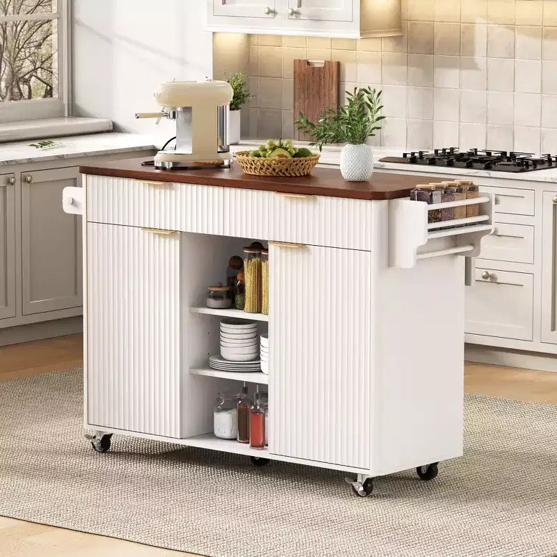 52-Inch Fluted Kitchen Island Cart with Power Outlet and Faux Marble Drop Leaf