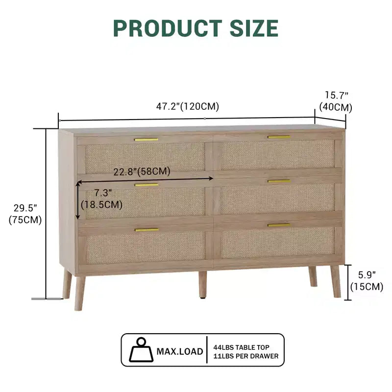 COZONY 6-Drawer Storage Chest w/ Golden Handles Natural Rattan Design for Bedroom, Living Room & Entryway