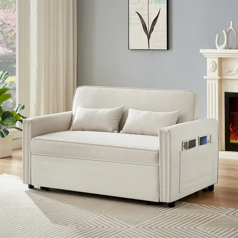Modern Linen Convertible Sleeper Sofa Couch with 2 Lumbar Pillows