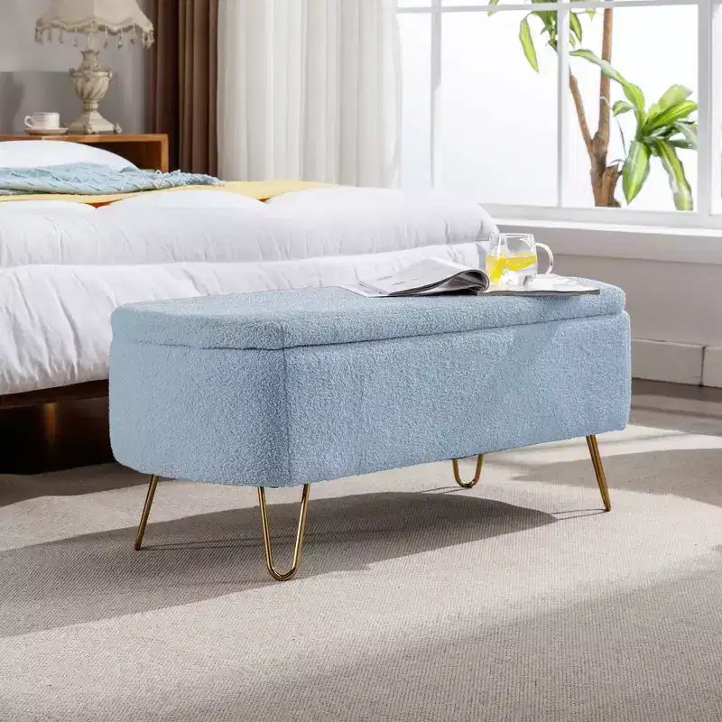Modern Upholstered Storage Ottoman Bench for End of Bed Gold Legs