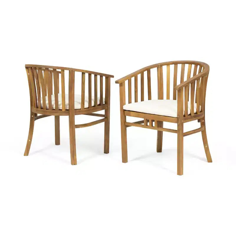 Chic Crate 2-Pack Outdoor Wooden Dining Chairs with Cream Cushions, Teak Finish Weather-Resistant Patio Seating