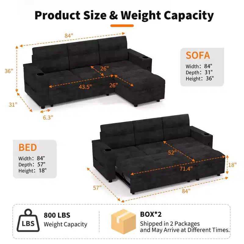 84 Sectional Sleeper Sofa Bed with Pull Out Couch - Convertible Plush Corduroy Cloud Couch with Storage Chaise & USB Charging, Comfy l Shaped Modular