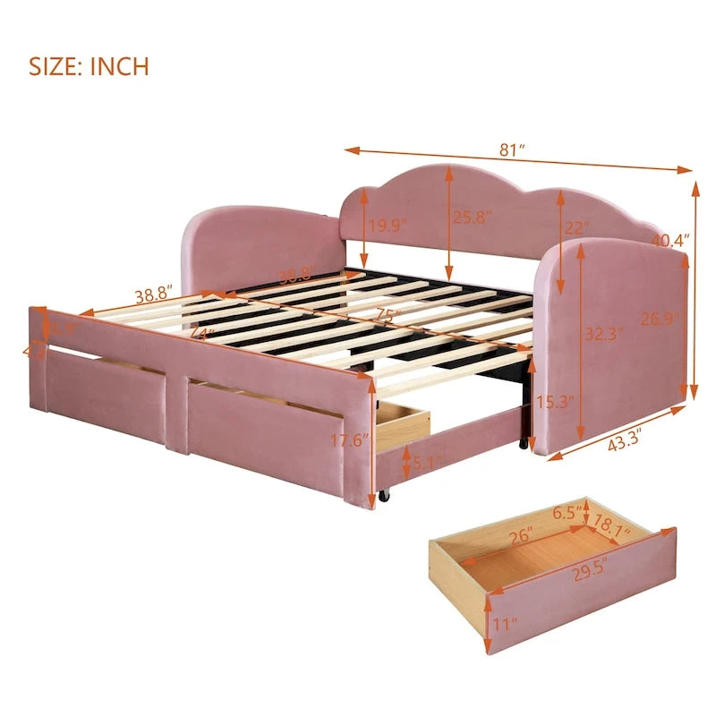 Twin Cloud Velvet Daybed with Trundle and Drawers