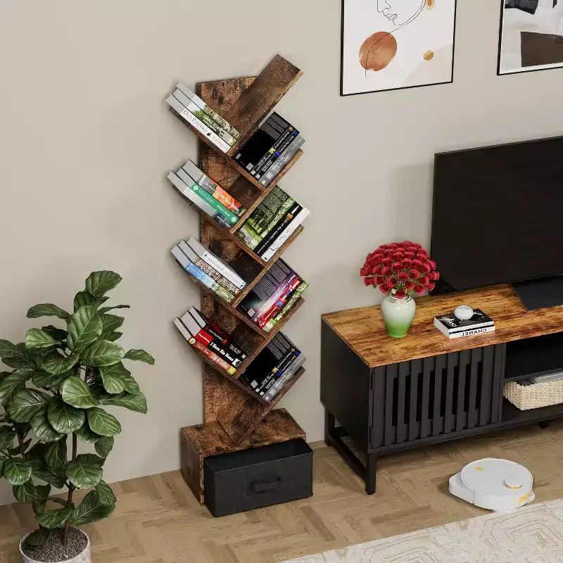9-Tier Tree Bookshelf, Tall Narrow Floor Bookcase with Storage Drawer, Organizer for Books, CDs, Bedroom, Living Room, Home Office
