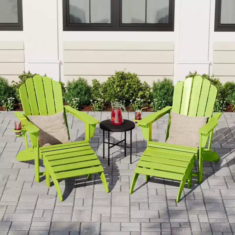 WestinTrends Highland 4-Piece Outdoor Patio HDPE Adirondack Chairs With Ottomans and Cup Holder Set, Lime
