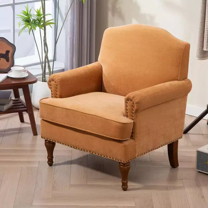 Vintage Tufted Chenille Accent Chair – Nailhead Trim & Solid Wood Legs, 300 lbs
