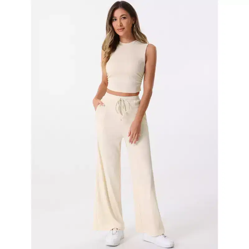 Allegra K Women's 2 Piece Crew Neck Sleeveless Crop Tank and Wide Leg Pants Summer Lounge Set