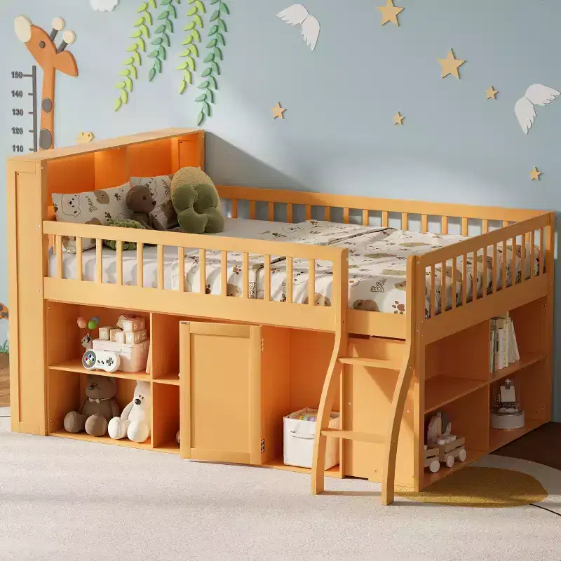 Full/Queen Size Loft Bed with Built-in Shelves & LED Headboard Light - ModernLuxe