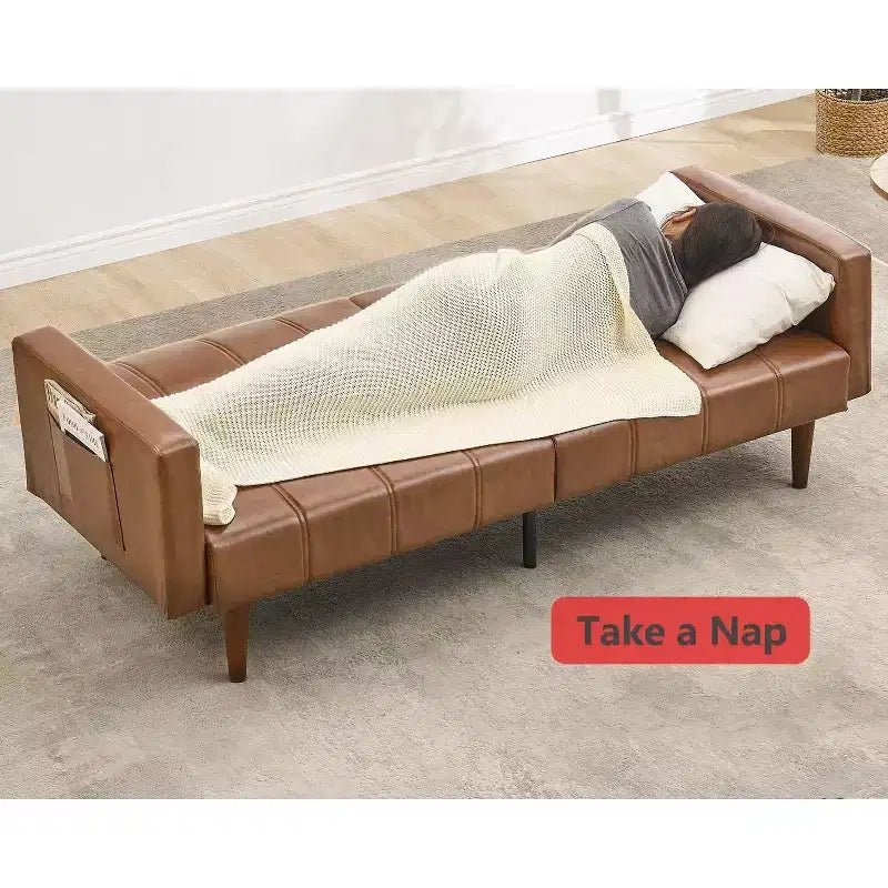 75 inch Futon Sofa Bed, Mid-Century Modern Futon Couch, Convertible Sleeper Sofa with Adjustable Backrest,Loveseat with Side Pockets, PU Leather Sofa