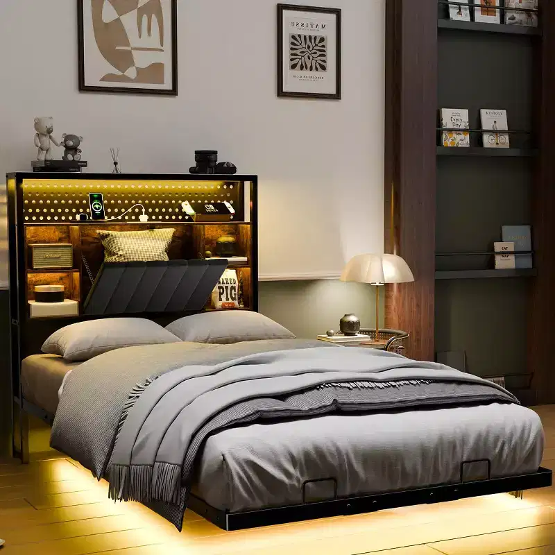 Floating Bed Frame with LED Lights, Charging Station, Hidden Storage & Velvet Headboard, No Box Spring Needed