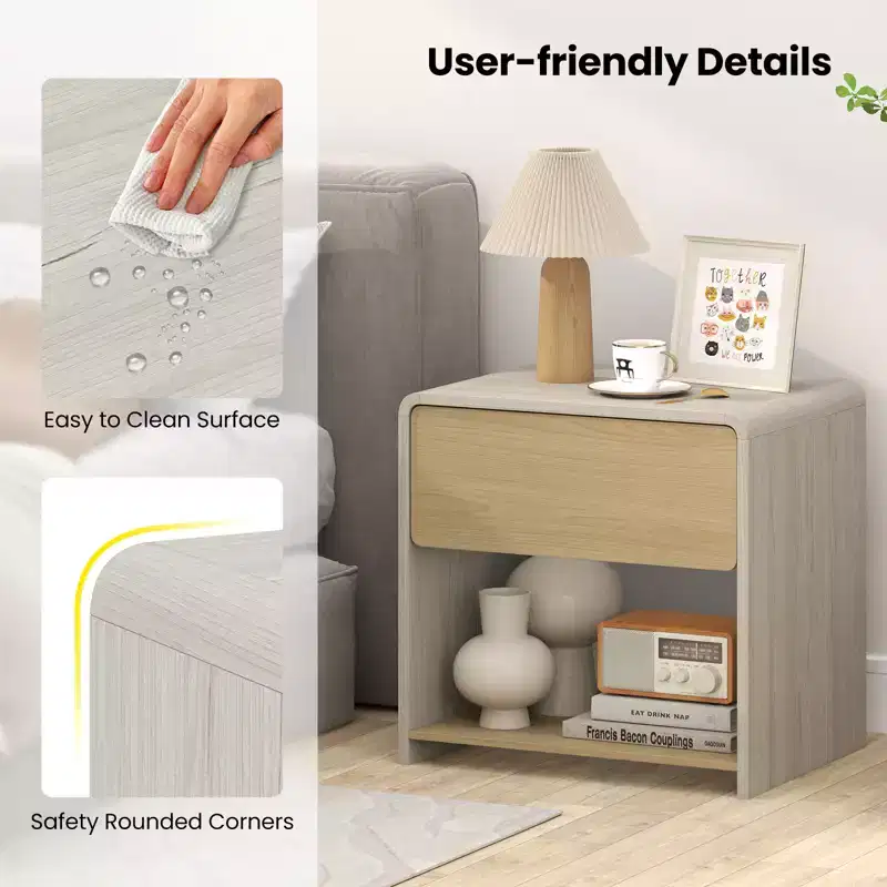 Costway Modern Style Nightstand 2-Tier Sofa Side Bedside Table w/ Drawer & Open Shelf