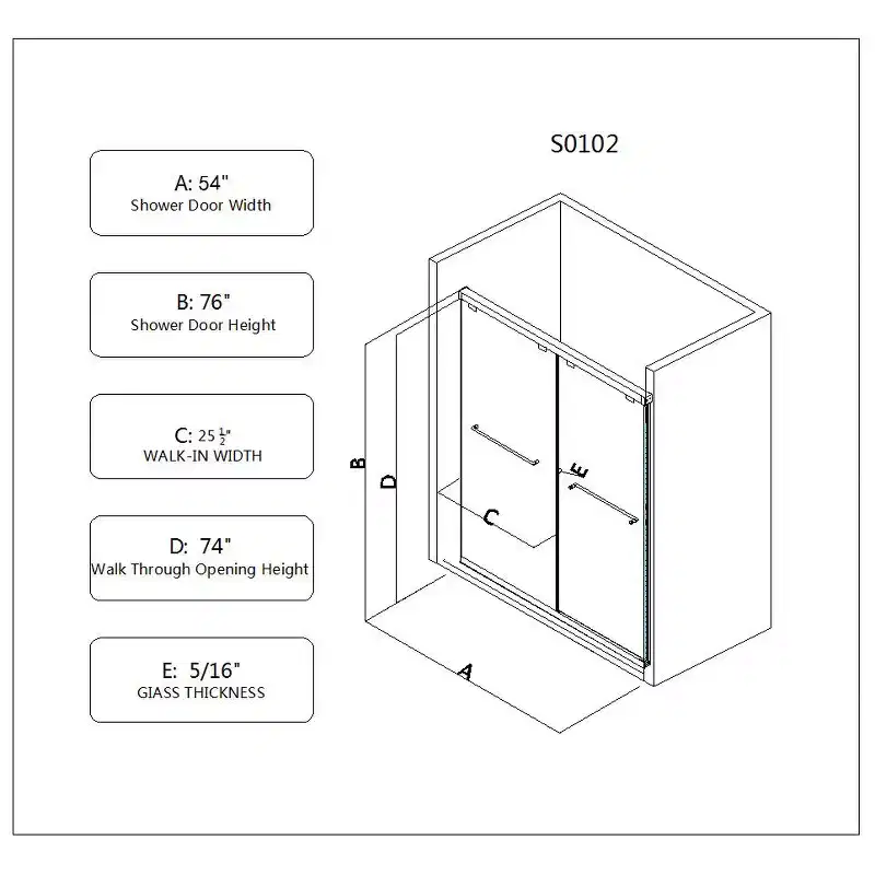 PexFix 76 in.x 54 in. Frameless Double Sliding Shower Door 8mm Tempered Glass With Adjustable Soft Closing Design for Spa Bathroom Clear Matte Black