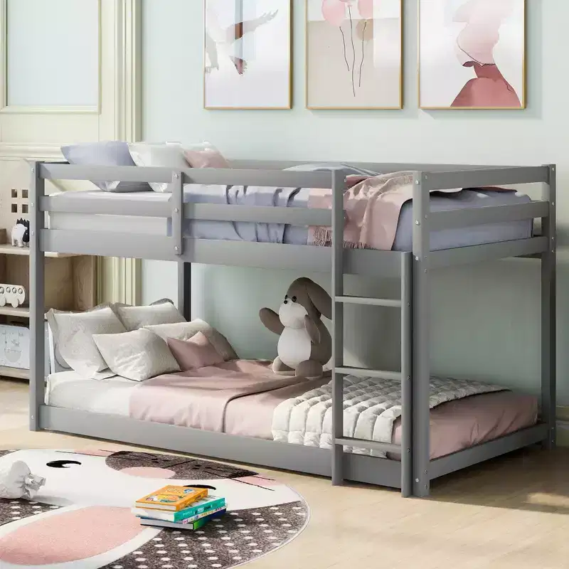 Whisen Stylish and Simple Wood Twin over Twin Floor Bunk Bed with Ladder