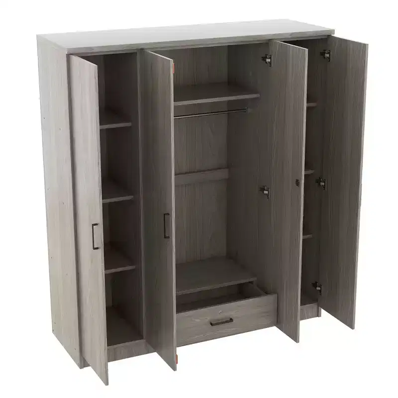 Wood 4-Door Wardrobe Armoire with Hanging Rod, 1-Drawer and Storage Shelves