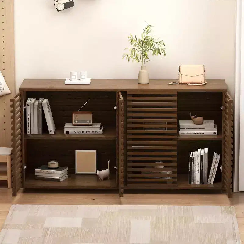 4 Door Buffet Cabinet,60 Accent Storage Cabinet with Grille Striped Doors and Adjustable Shelf, Freestanding Modern Sideboard Buffet Cabinet