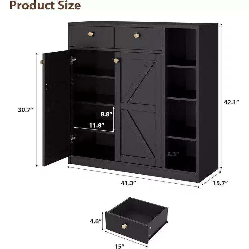 Coolmee Shoe Storage Cabinet with Doors and Drawers, 42 inch Tall Shoe Organizer with 3 Adjustable Shelves and Stable Base, 4-Tier Shoes Rack