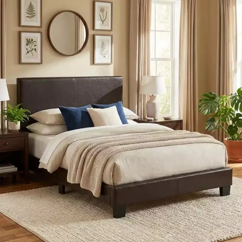 GDFStudio Lucas Modern Classic Faux Leather Upholstered Platform Bed Frame with Adjustable Headboard