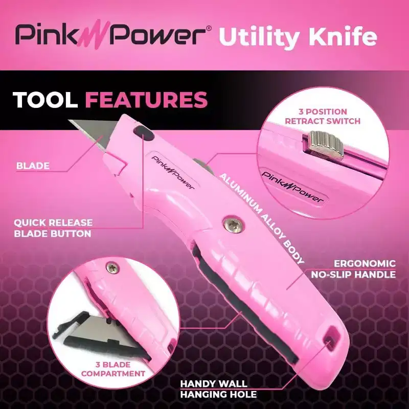 Pink Power Pink Box Cutter Retractable, Pink Utility Knife for Carpet, Cute Box Cutter Knife Heavy Duty with 3 Blades and Storage Compartment