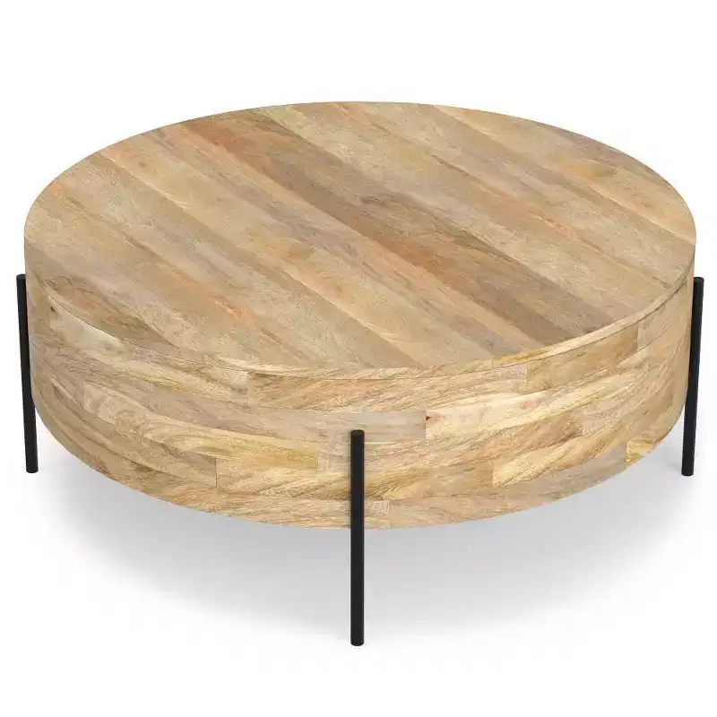 WyndenHall Farmington Drum Coffee Table Natural : Modern Industrial Style, Mango Wood & Iron, 38