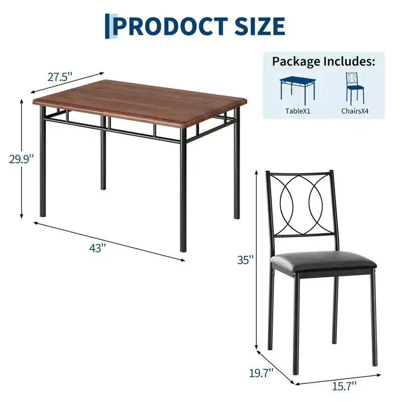 5-Piece Dining Table Set for 4, Farmhouse Wood Kitchen Table with Upholstered Chairs, Space-Saving Dining Set for Small Spaces and Apartments