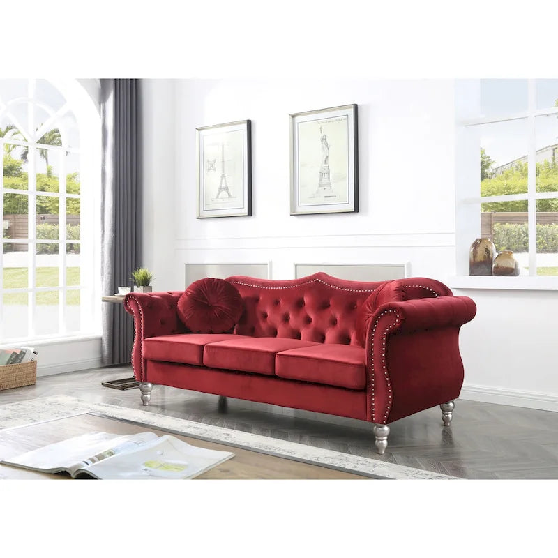 82 in. Velvet Chesterfield 3-Seater Sofa with Tufted Back and Nailhead Trim